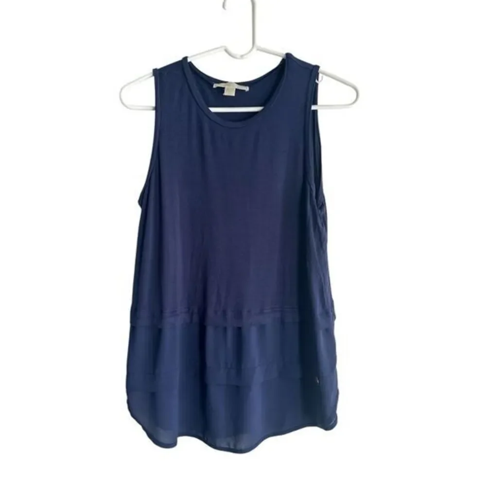 Michael Kors Navy Long Length Sleeveless Top with‎ Chiffon Layers Womens Medium